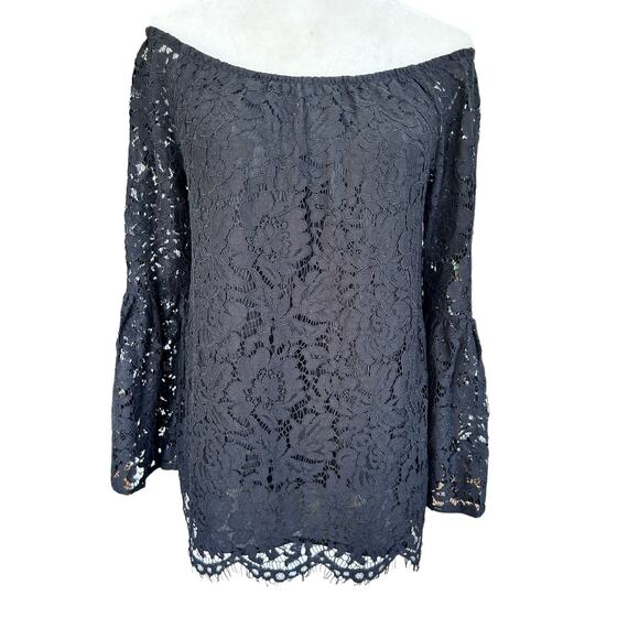NWT Chaser Womens Black‎ Floral Lace Off Shoulder Bell Sleeve Top Size Medium - Picture 1 of 14